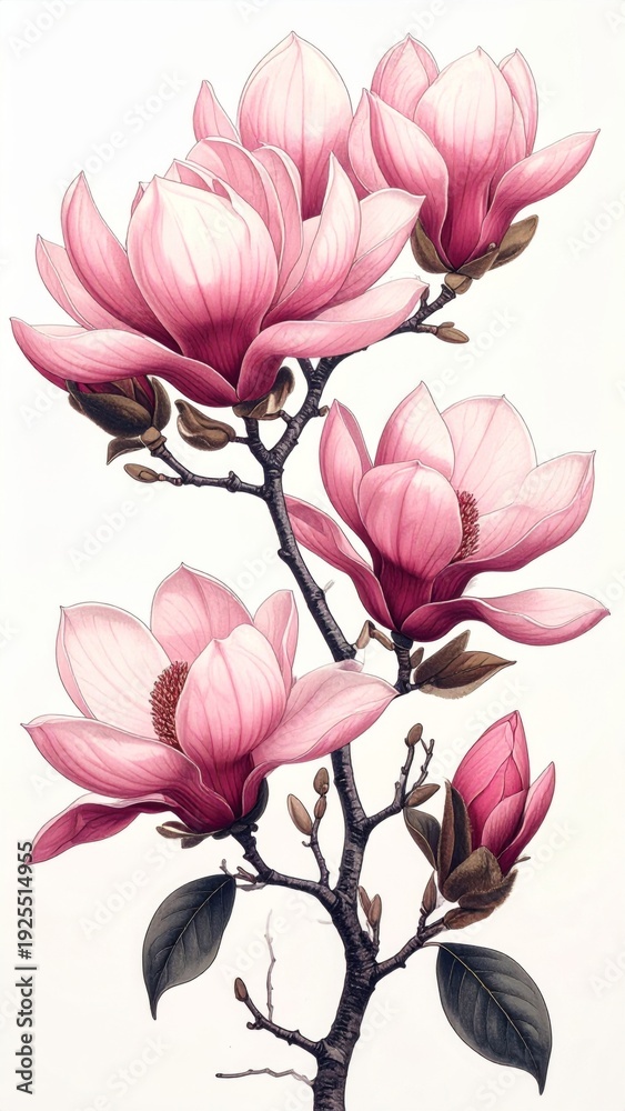 Fototapeta premium Blooming Pink Magnolia Flowers on Branch Against White Backdrop Still Life