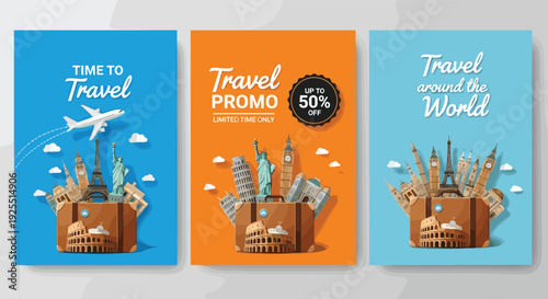 Travel promo poster set with suitcase landmarks and airplane, colorful tourism banner templates for vacation advertising and world destination marketing
