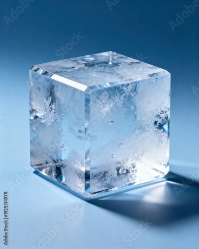 Clear Ice Cube On Blue Background With Reflections And Shadows, Perfect For Refreshing Drinks And Cooling, high resolution professional stock image with cinematic lighting balanced composition a siyam