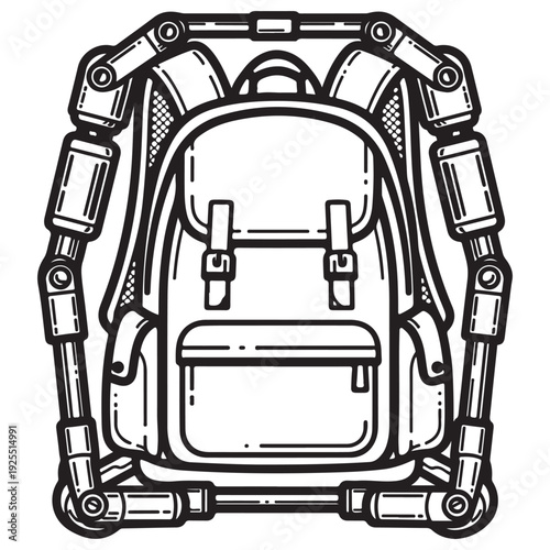 Futuristic Robotic Exoskeleton Backpack Illustration Featuring Mechanical Support Frame and Ergonomic Straps for Heavy Lifting, Clean Black and White Line Art Vector Design.