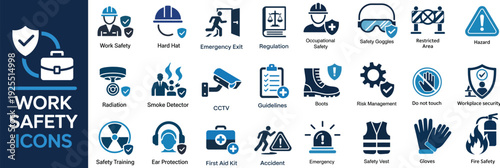 Work Safety Icon Set – Hard Hat, Risk Management, First Aid Kit, Ear Protection, Workplace Security, CCTV, Regulation, Safety Training and Hazard Solid Vector Icons Collection