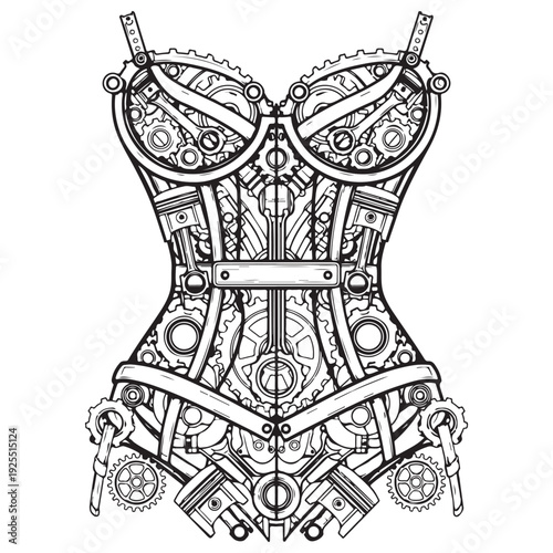 Intricate steampunk corset design featuring mechanical gears, pistons, and industrial components, illustrated in a detailed black and white line art style for coloring or design projects.