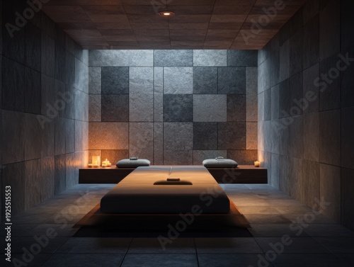 A small room with a massage table and a few candles