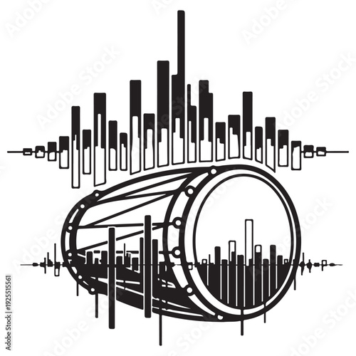 Traditional Dhol Drum Integrated with Digital Audio Equalizer Bars Representing the Fusion of Ethnic Percussion and Modern Sound Engineering in a Minimalist Black and White Line Art Style.