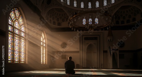 Man praying in mosque with sunbeams interior architecture