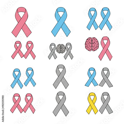 Awareness ribbons for various causes on white background