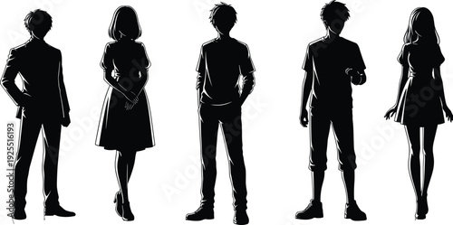 ector silhouette collection of diverse people featuring adult men and women standing with children and young kids in rows for community