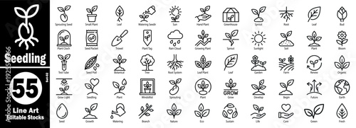 Diverse plant growth and gardening tool icons. Eco friendly apps vector illustration.