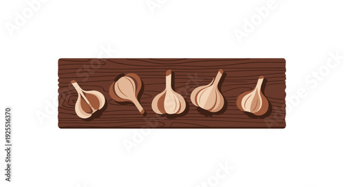 Five stylized garlic bulbs are placed in a row on a dark textured wooden board against a plain white background in a flat vector style.