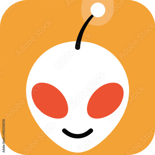 Reddit mobile app logo featuring Snoo alien mascot with red eyes, black smile, antenna, on bright orange rounded background.