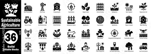 Sustainable agriculture icons set. Healthy farming and eco-friendly practices vector illustration.
