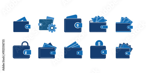 Wallet and money purse icon set featuring blue leather pocket with credit card cash bill dollar coin and gear for financial savings and more vector illustration or editable stroke