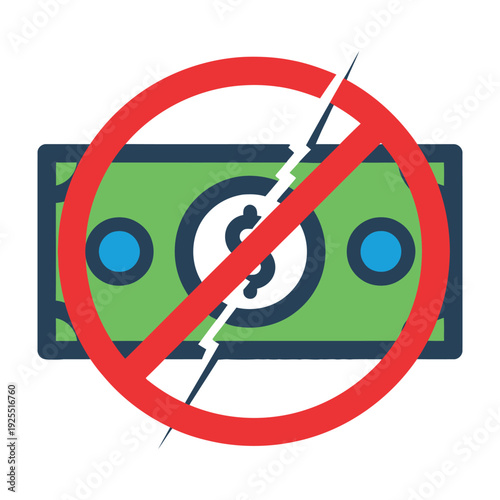 Green cash bill crossed out with bold red circle and line symbolizing rejection prohibition or financial restriction in a minimalist design style