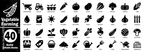 Agriculture and vegetable farming solid icons. Garden management vector illustration.