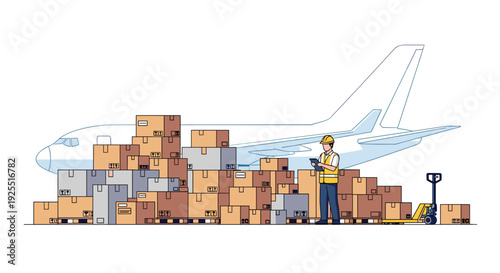 A logistics worker wearing a safety vest and hard hat checks a clipboard next to a large stack of boxes with a cargo plane behind.