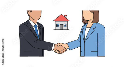 A man in a dark suit and a woman in a blue blazer shake hands under a small red roofed house icon on a white background.