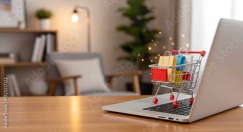Miniature shopping cart filled with bags on a laptop keyboard