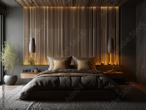 A bedroom with a bed, nightstand, and a large wall with wooden panels