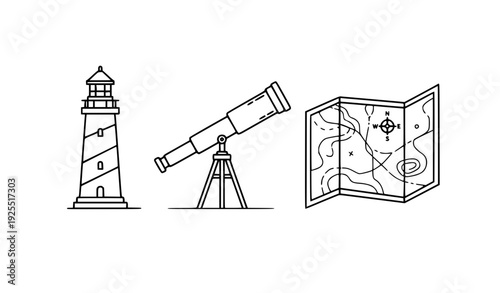tower of london Linear Nautical Navigation Scene with Lighthouse Telescope and Map Minimal Line Art Vector