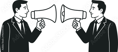Business communication concept, two businessmen holding megaphones facing each other symbolizing debate discussion argument marketing strategy conflict
