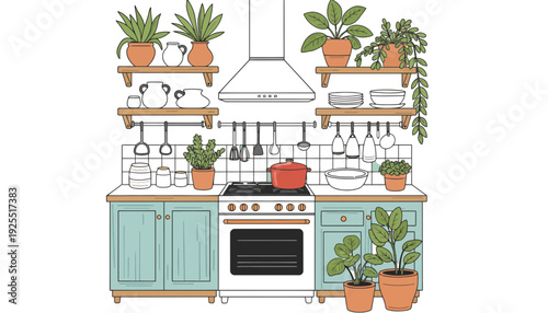 Kitchen illustration with plants and teal cabinets and white oven