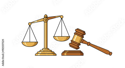 A golden balance scale stands next to a wooden judge's gavel and sound block on a white background in a clean vector style.