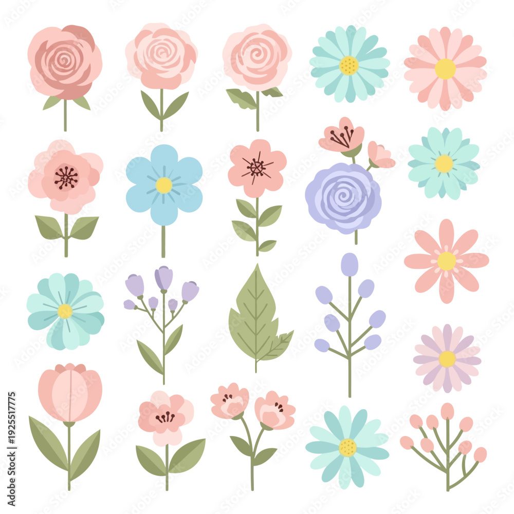 Obraz premium Collection of Delicate Spring Flowers and Leaves, Vector Illustration