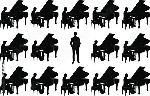 Silhouette illustration of individuality concept showing one standing person among piano players, symbolizing uniqueness, contrast, and nonconformity in creative expression.