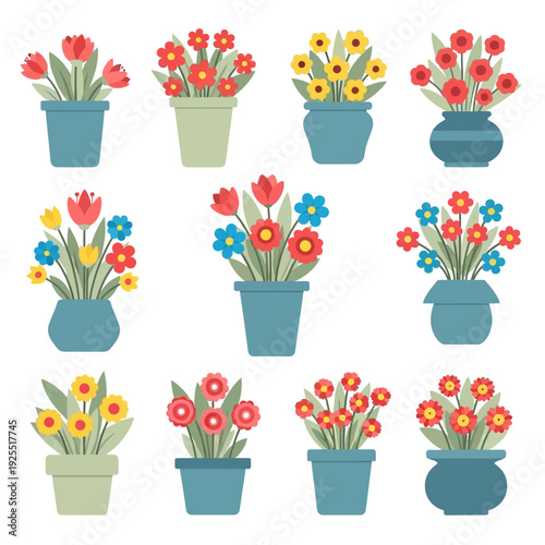 Collection of 12 colorful potted flower arrangements, vector illustration