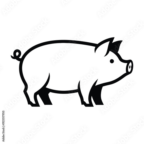 Minimalistic black and white illustration of a pig standing sideways with pointy ears and a curled tail