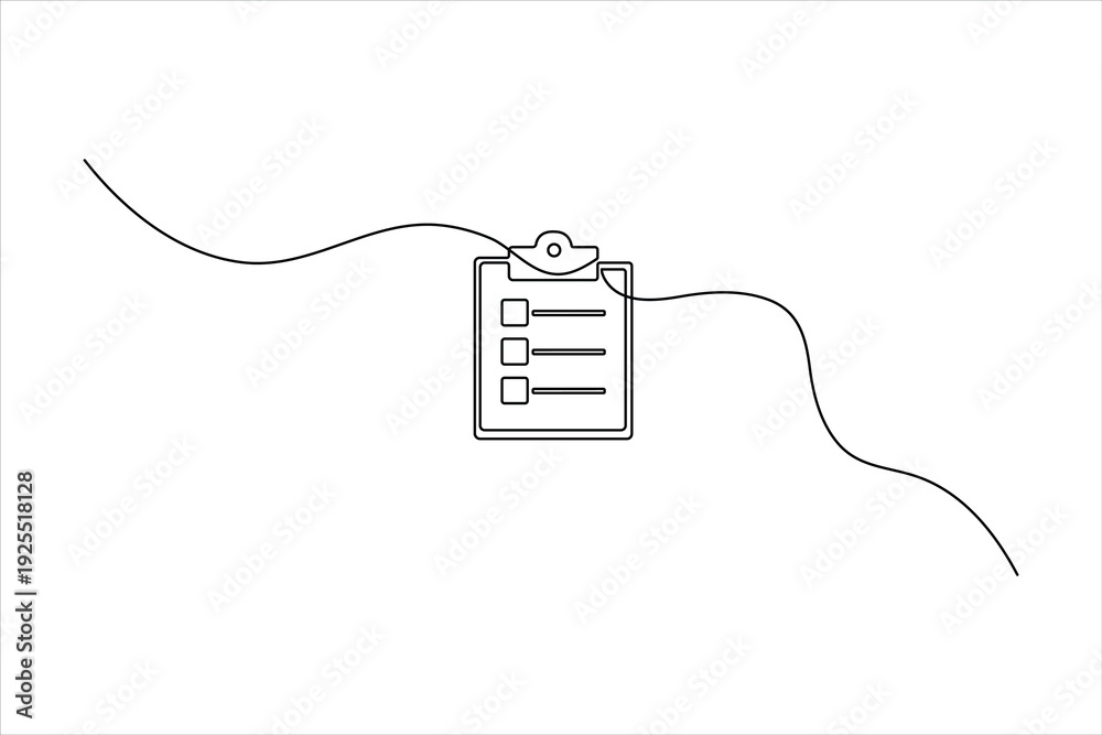 Obraz premium Minimalist continuous line drawing of a clipboard with square checkboxes. Clean vector art for business planning, productivity, and task management.