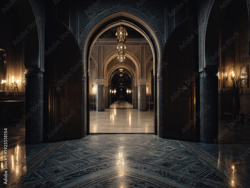 Fototapeta premium A large room with a doorway and a chandelier