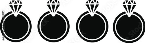 Minimalistic black and white diamond ring icons in horizontal row, elegant jewelry vector illustration for wedding, engagement, luxury design themes.