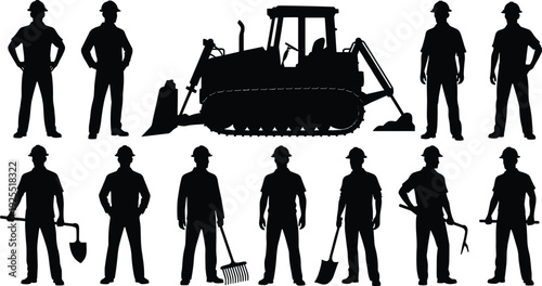 Construction worker silhouettes, bulldozer illustration, manual labor art, shovel and rake design, pickaxe and crowbar concept, workforce diversity representation