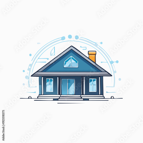 Modern blue house illustration with futuristic technological background