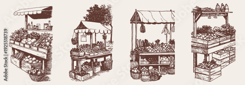 Farmers market vegetable stalls rustic countryside produce set. Wooden kiosks with fresh food crates and baskets. Ideal for organic branding or packaging. Pencil drawn sketch style.