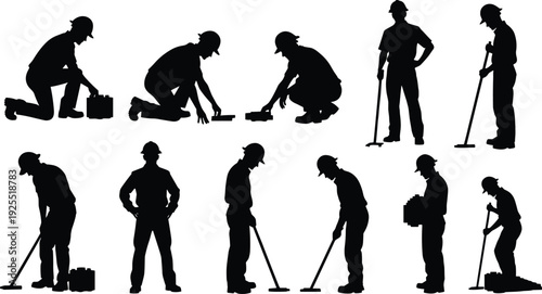 Construction worker silhouettes, manual labor illustration, surveying and digging art, brick and block design, fieldwork diversity concept, workforce representation