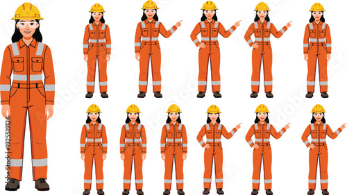 Female construction worker illustration, safety uniform art, hard hat design, occupational diversity concept, gesture and pose set, workforce representation