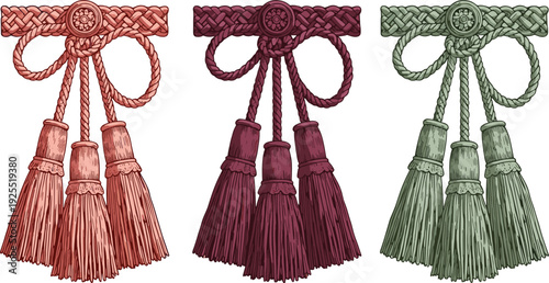 Decorative tassel illustration, ornamental cord design, braided band art, floral medallion concept, interior decoration accessory, fashion embellishment representation