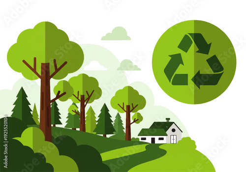 Illustration of an eco-friendly landscape with a house, trees, and a recycling symbol in a stylized, flat design with a green color palette, conveying an environmentally friendly mood