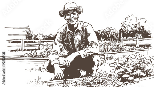 Smiling farmer sitting beside vegetable garden beds. Rural agricultural worker near wooden boxes and countryside fence. Pencil hand drawn sketch style illustration. Background for farming concepts.