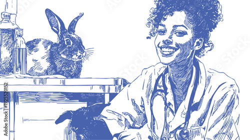 Female veterinarian examining rabbit on medical table clinic. Friendly doctor interacts with pet and tools. Hand drawn sketch drawing style. Background for animal healthcare materials.