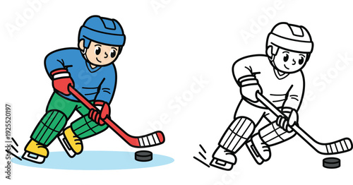 Cute cartoon boy playing ice hockey vector illustration, featuring a colorful version and a black and white outline for kids coloring book.