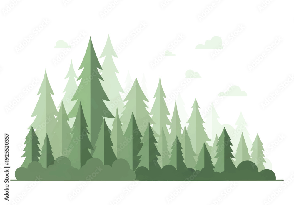 Obraz premium Illustration of a dense forest with various shades of green trees and bushes on a white background, with subtle clouds in the sky, creating a natural scenery for a background video.