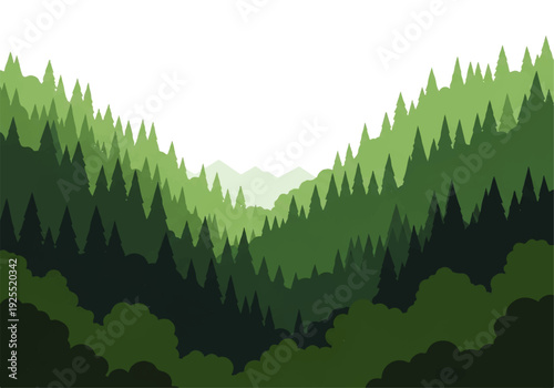 Illustration of a serene forest landscape with varying shades of green trees against a white background for use as a Background Video.