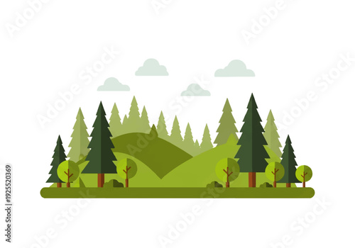 Illustration of a serene forest landscape with rolling hills and trees against a white background for use in a background video.