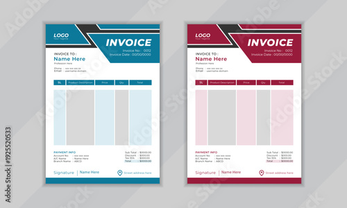 Modern invoice design template set in teal and maroon colors with professional structure