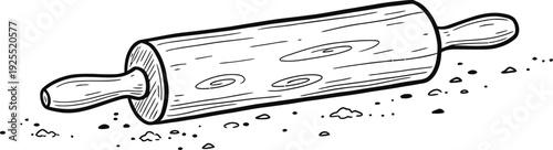 Wood rolling pin with scattered flour. Kitchen utensil for bakery and pastry concept. Hand drawn outline vector illustration