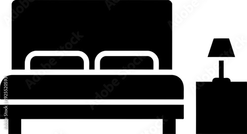 Black silhouette of a bedroom bed with two pillows and a nightstand with a lamp icon, representing sleep and relaxation vector illustration