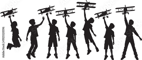 Kids jumping with toy airplanes silhouettes, joyful childhood imagination aviation concept vector isolated on white background